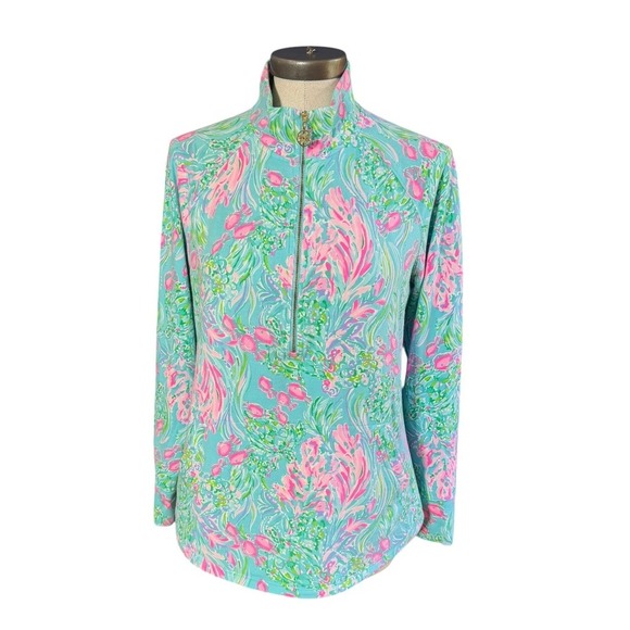 Lilly Pulitzer Tops - Lilly Pulitzer Womens Turquoise Pink Coral Print Quarter Zip Pullover Large